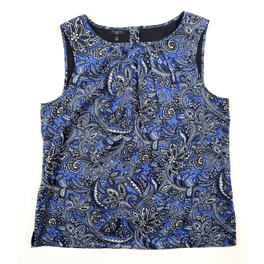 TALBOTS Women's Sz 14p 100% Cotton Blue Black Sleeveless Tank Blouse #1730